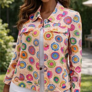 Red Jeans Multicolor Patterned Jacket. Colorful and Stylish for any occasion.